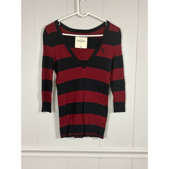 Abercrombie Kids Y2K Red Black Striped V-Neck Shirt Soze XL Cute Preppy Punk - Picture 1 of 6
